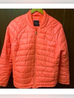Faded Glory Lightweight Ribbed Puffer Jacket – Size Large | Coral/Bright Orange